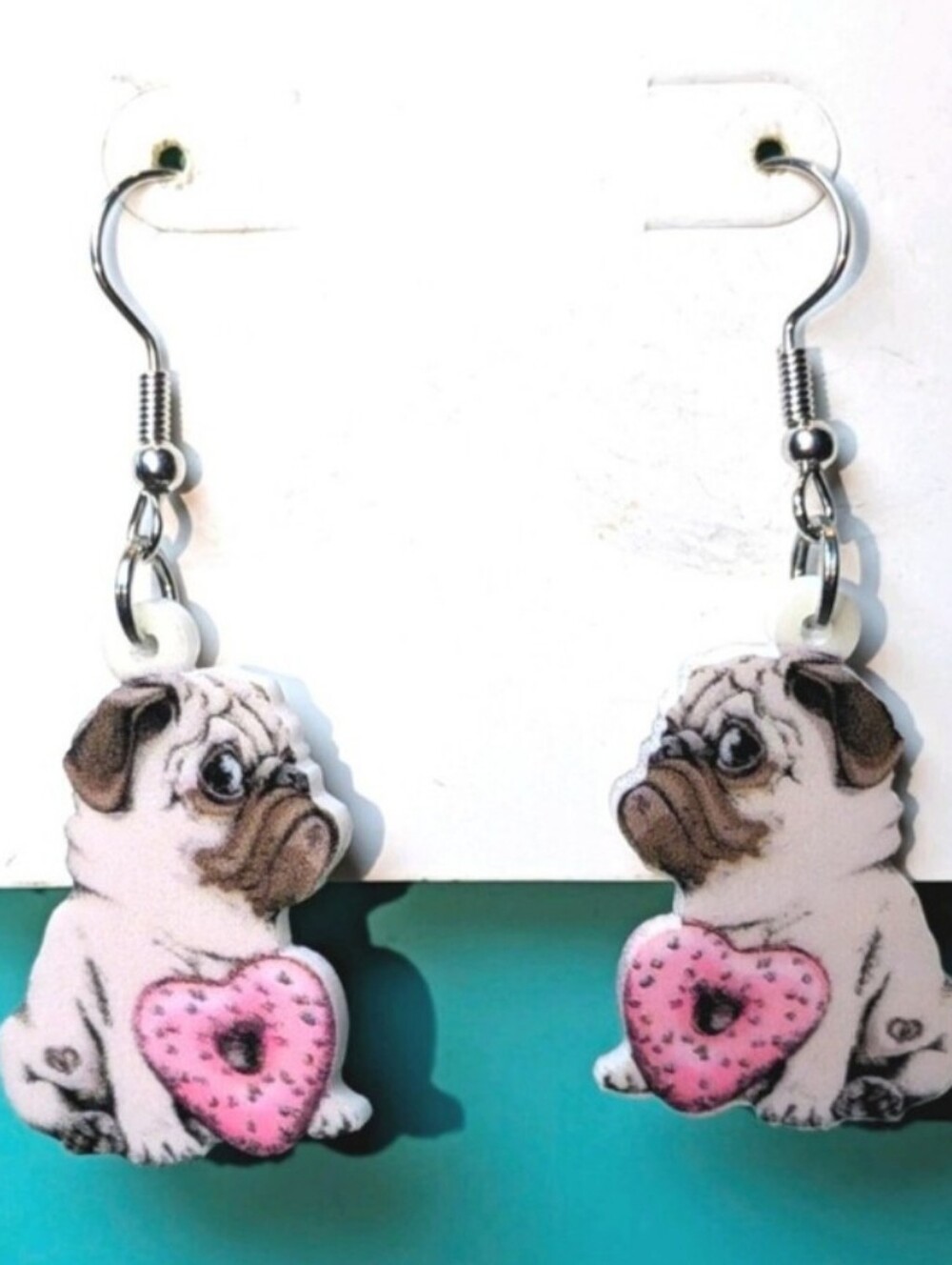 Hand CRAFTED Pug Puppy Heart Drop Earrings - Pink